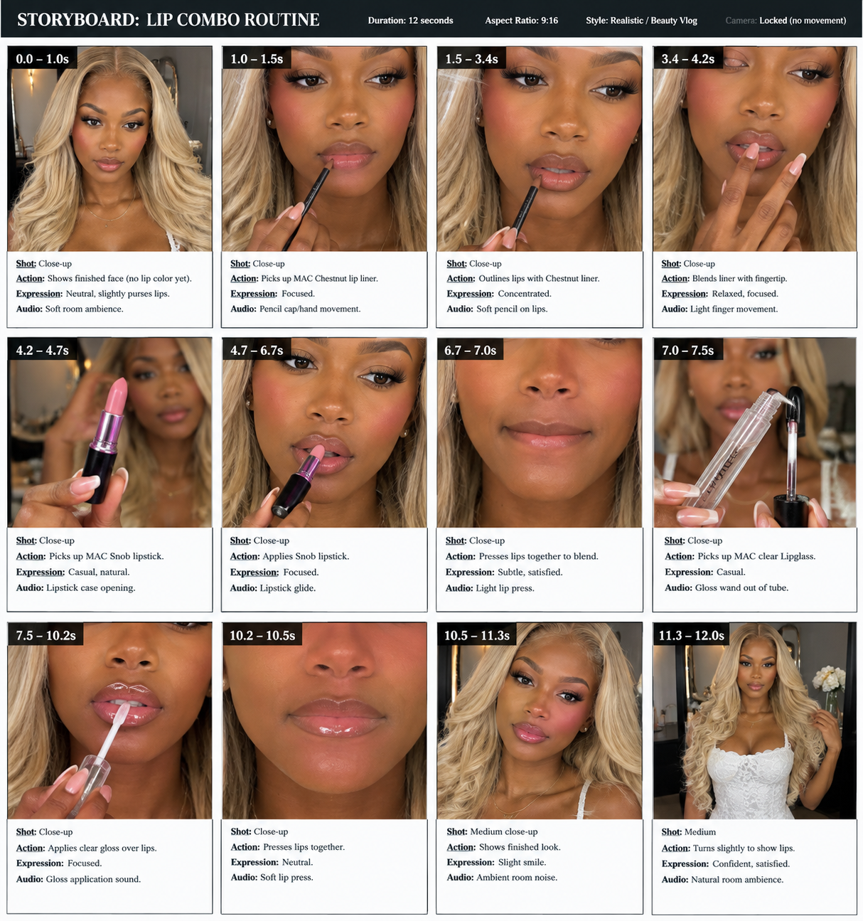 Lip combo routine storyboard generated for an AI influencer content plan